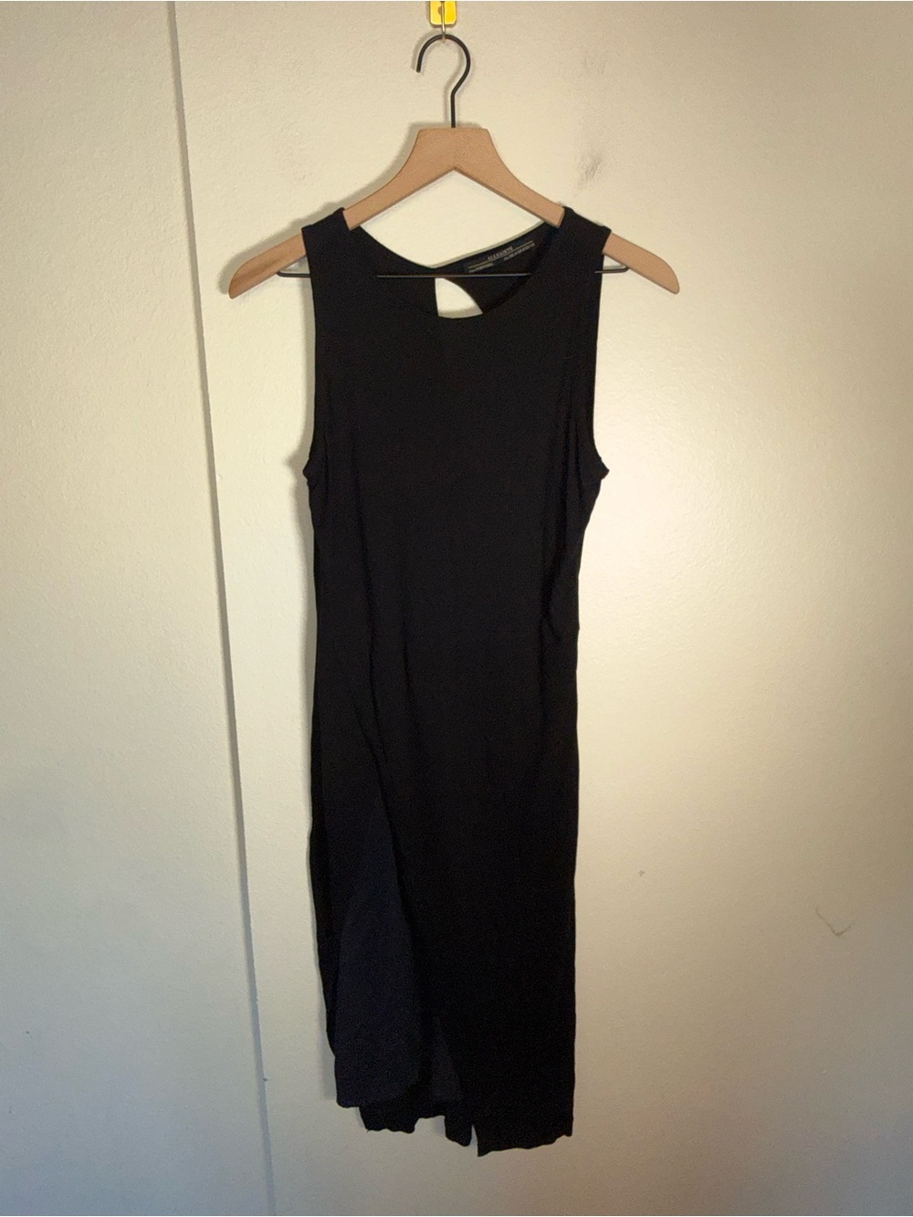 ALL SAINTS all black asymmetrical back keyhole cotton high slit mini dress 10